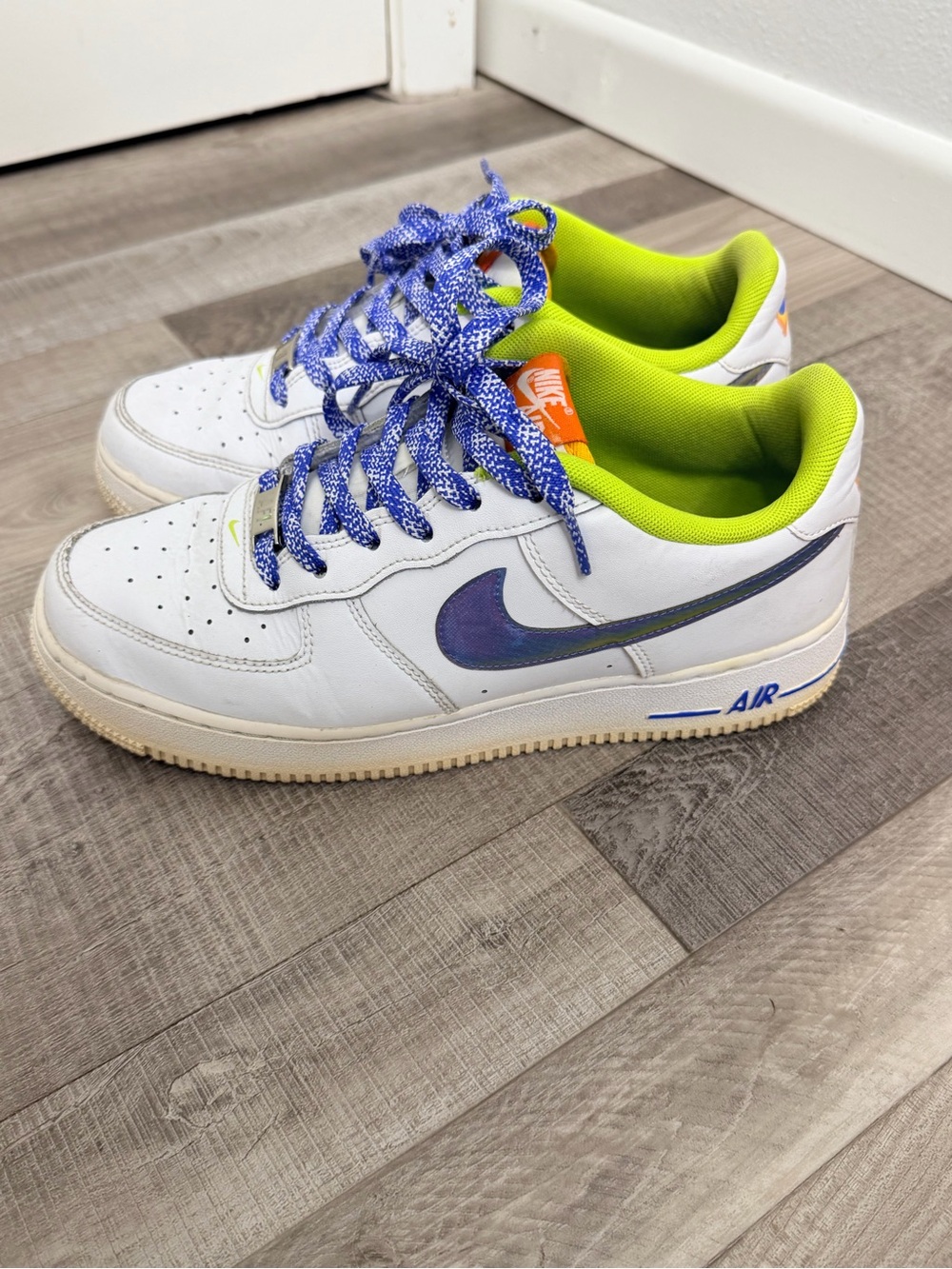 Nike Air Force 1 LV8 GS White with Iridescent Swoosh & Neon Green Lining